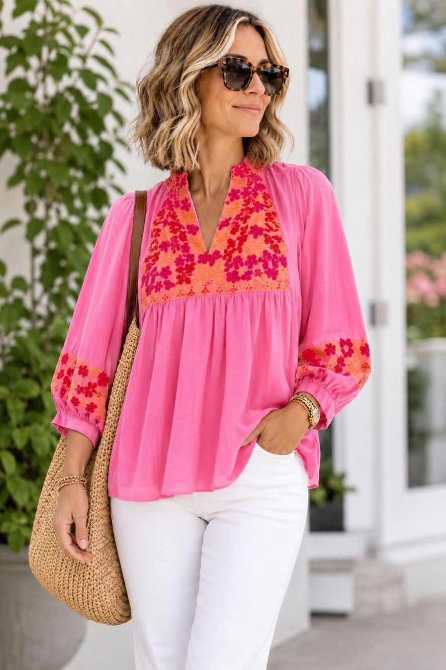 J. Marie Pink Floral Embroidered Yoke Babydoll Puff Sleeve Blouse, Lrg $128 G9